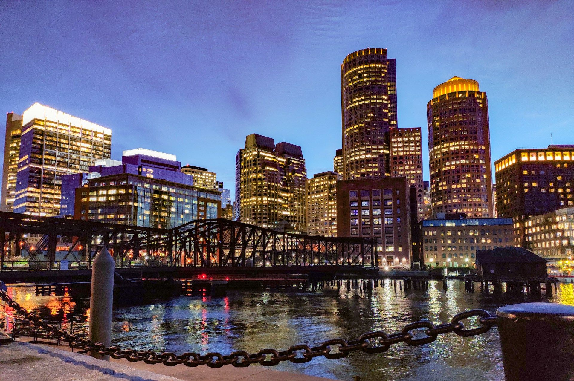 Lighted city buildings in Boston MA