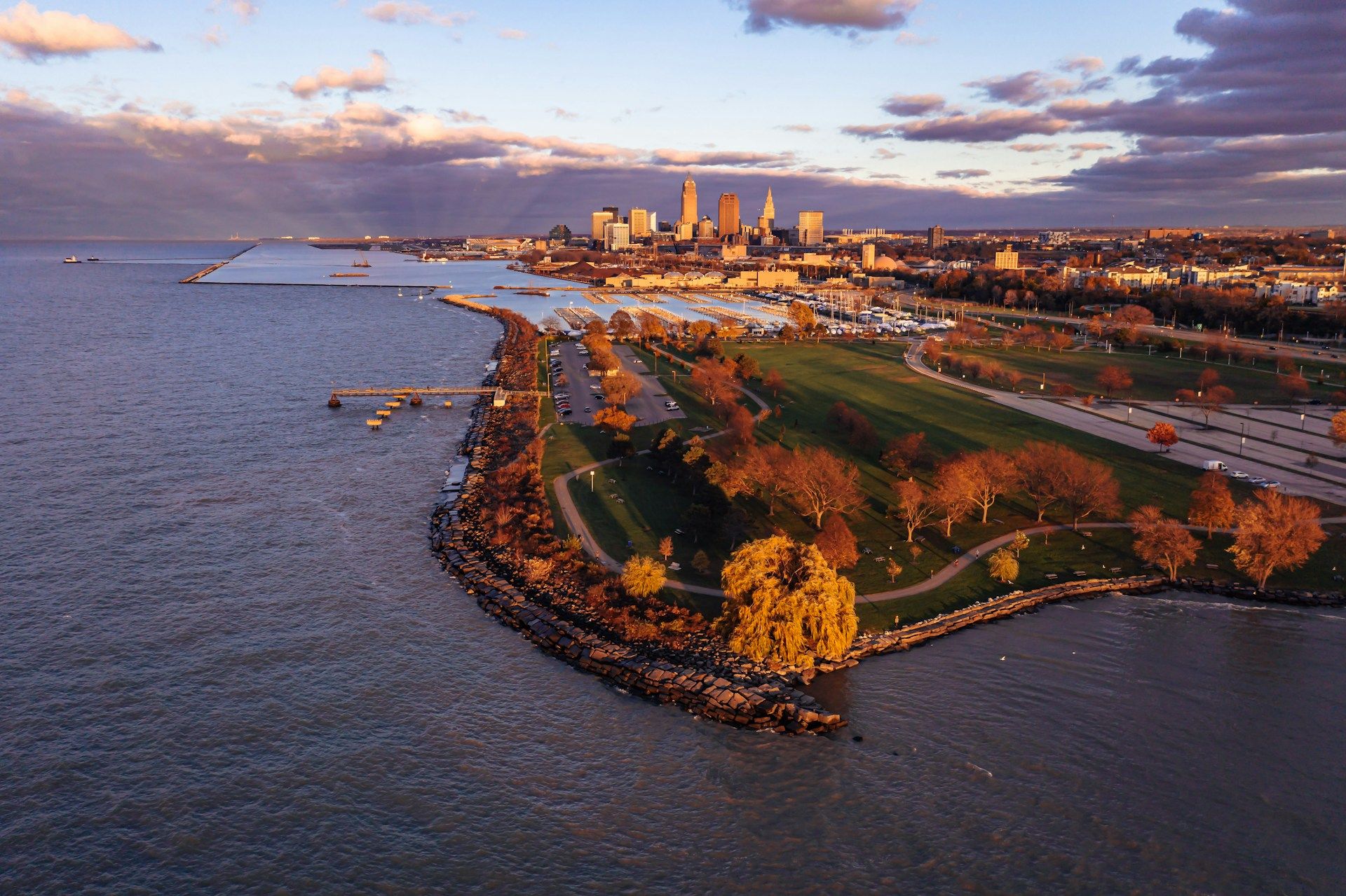 Aerial view of downtown Cleveland at sunset