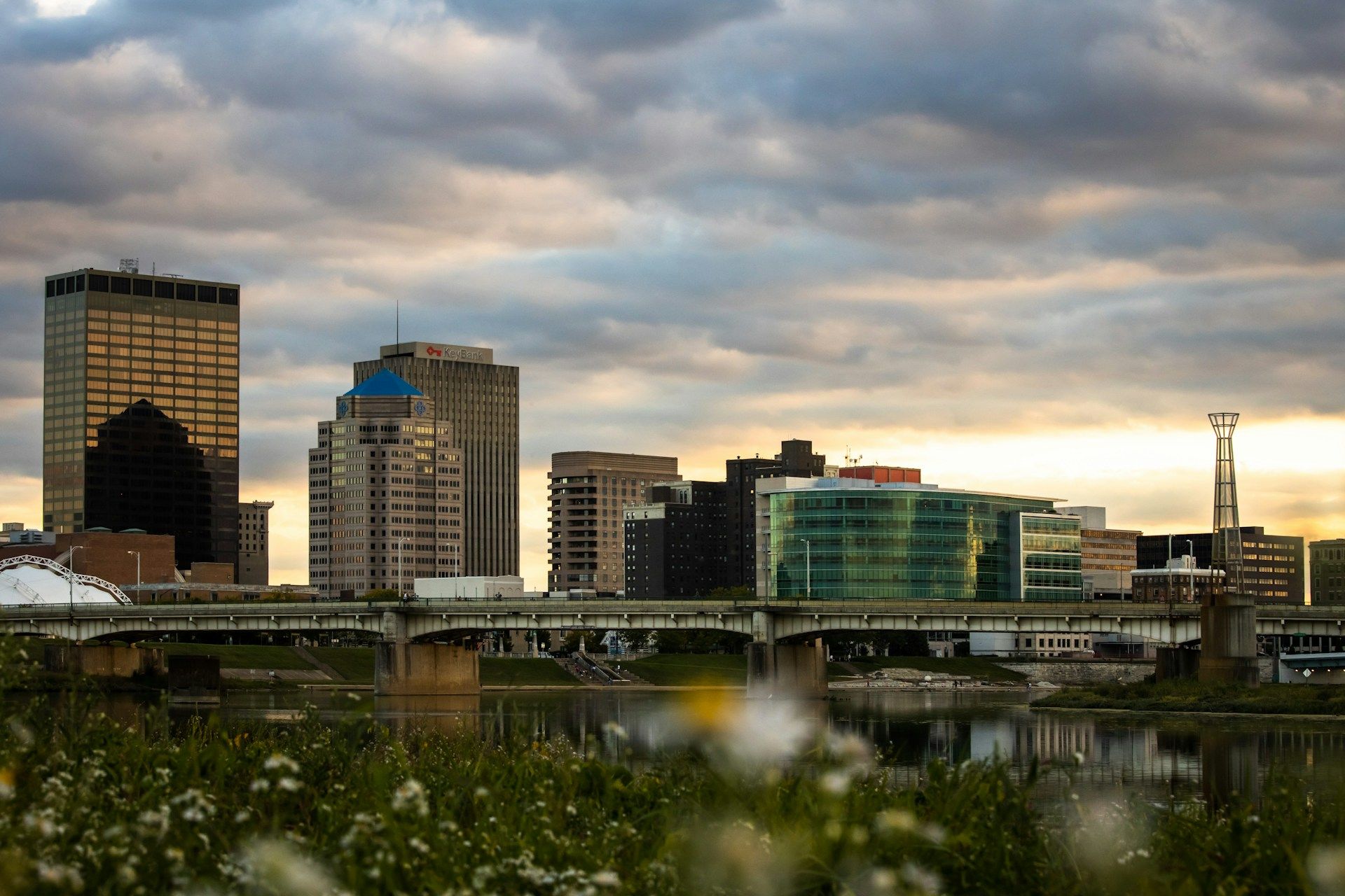 Dayton Ohio city skyline under clouds