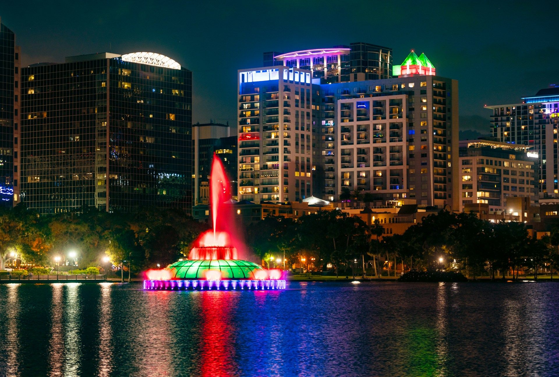 Lake Eola fountain at night Orlando