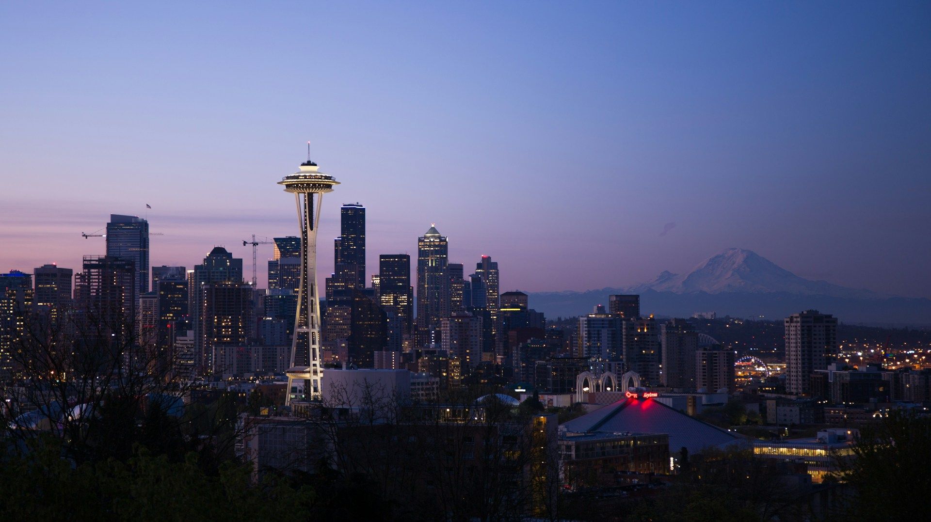 City buildings at night in Seattle