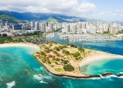 Island surrounded by green sea Honolulu