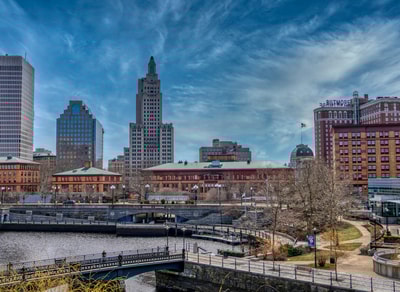 Rhode Island city skyline under blue sky