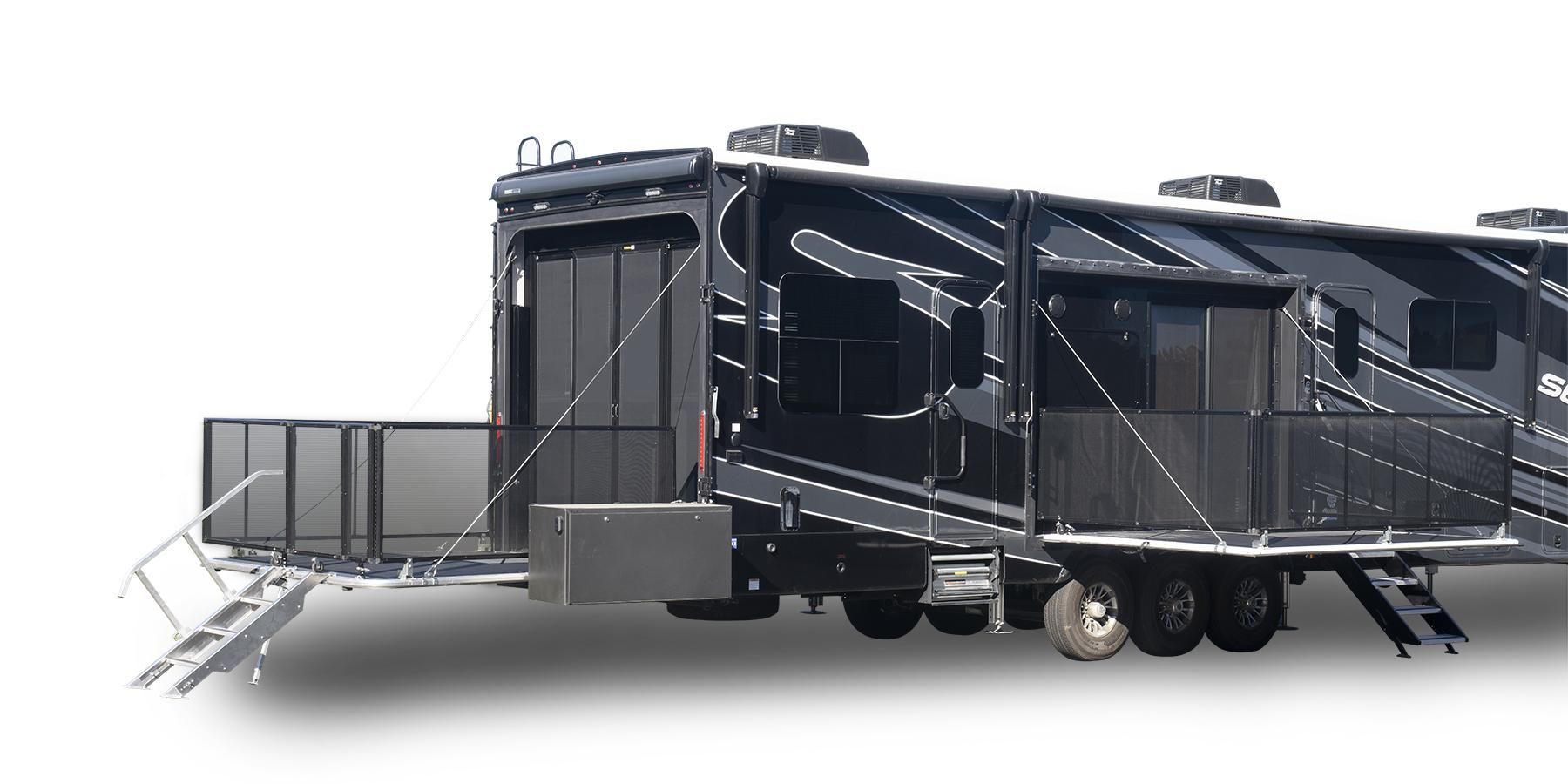 jayco 2022 luxury series toy hauler with back and side porch extended.